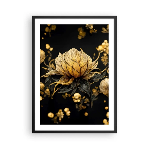 Poszter fehér keretben - Egy arany virág fekete alapon, elegáns kompozícióban - 50x70cm - Finom törékenység - Modern fali dekoráció nappalihoz és hálószobához ARTTOR