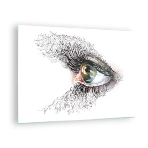 Üveg kép - Egy aranyló szem, dinamikus vonalakkal és absztrakt részletekkel körülvéve - 70x50cm - Nézz egyenesen a lélekbe - Modern fali dekoráció nappalihoz és hálószobához ARTTOR