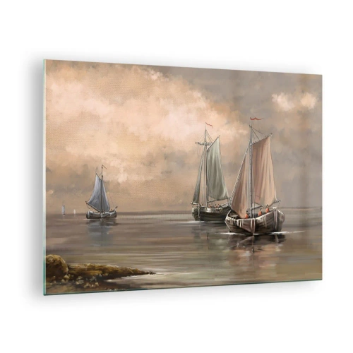 Üveg kép - Három vitorláshajó a nyugodt tengeren pasztell színekben - 70x50cm - A tengerészek visszatérése - Modern fali dekoráció nappalihoz és hálószobához ARTTOR