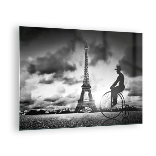 Üveg kép - Eiffel-torony retró biciklivel fekete-fehérben - 70x50cm - Belle Epoque hiánya - Modern fali dekoráció nappalihoz és hálószobához ARTTOR
