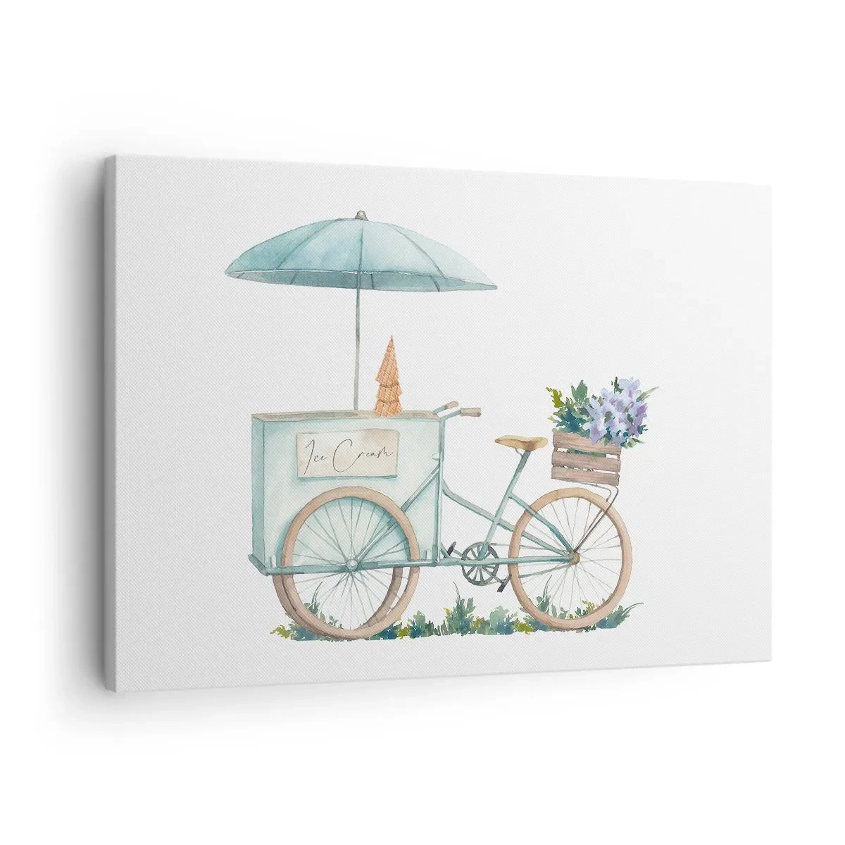 Vászonkép - Egy bicikli fagylalttal és virágokkal egy finom pasztellszínű esernyő alatt - 70x50cm - A nyár édes emléke - Modern fali dekoráció nappalihoz és hálószobához ARTTOR