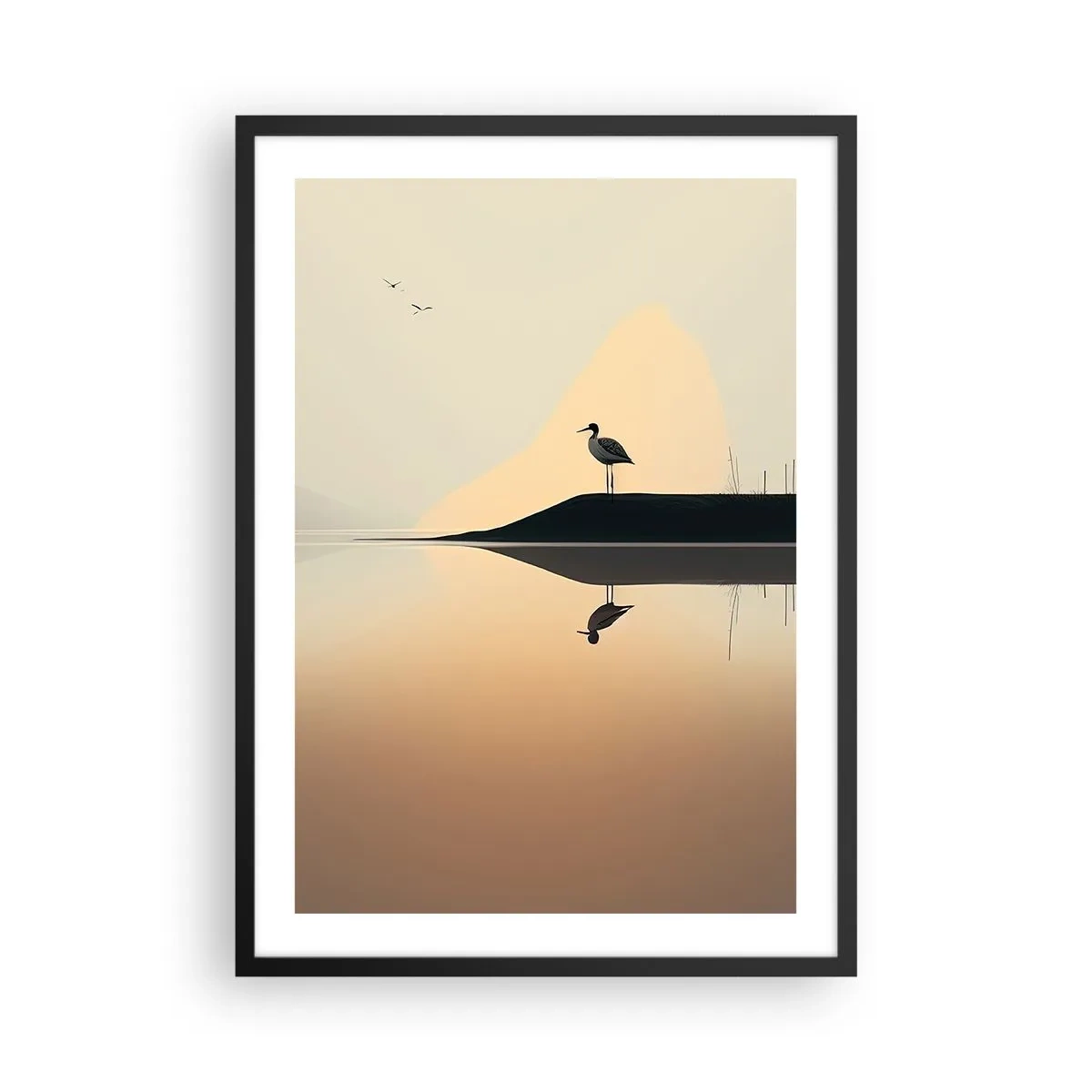 Poszter fehér keretben - Egy gólya áll a tó partján, tükörképe a vízben - 50x70cm - Ember a tavon - Modern fali dekoráció nappalihoz és hálószobához ARTTOR