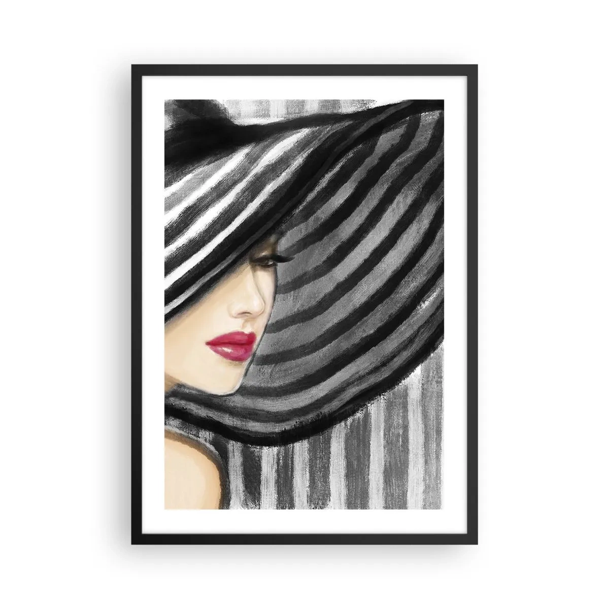 Poszter fehér keretben - Egy nő széles kalapban, piros ajkakkal - 50x70cm - Hol keressünk? - Modern fali dekoráció nappalihoz és hálószobához ARTTOR