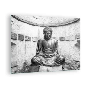 Üveg kép - Fekete-fehér Buddha-szobor meditatív pózban - 70x50cm - A béke forrásánál - Modern fali dekoráció nappalihoz és hálószobához ARTTOR