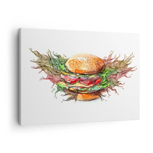 Vászonkép - Dinamikus elemekkel ellátott hamburger művészi illusztrációja - 70x50cm - Forró kísértés - Modern fali dekoráció nappalihoz és hálószobához ARTTOR