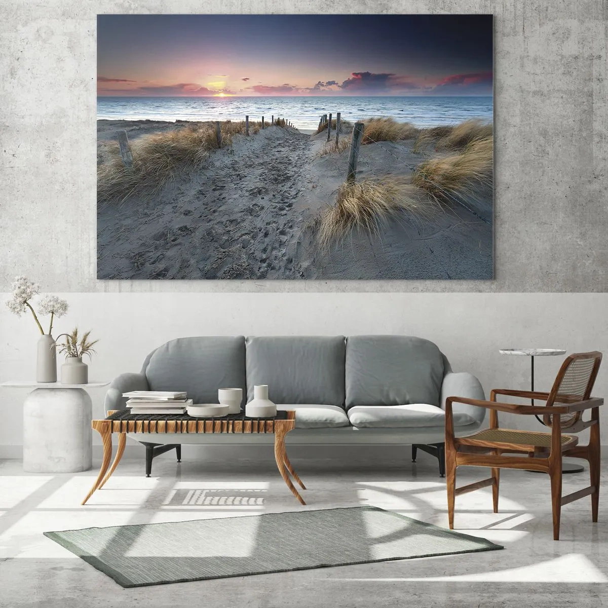 Üveg kép - Ösvény a dűnéken keresztül, amely naplementekor a tengerhez vezet - 70x50cm - Kiöntöttél egy sugárzó szivárványos fényt... - Modern fali dekoráció nappalihoz és hálószobához ARTTOR