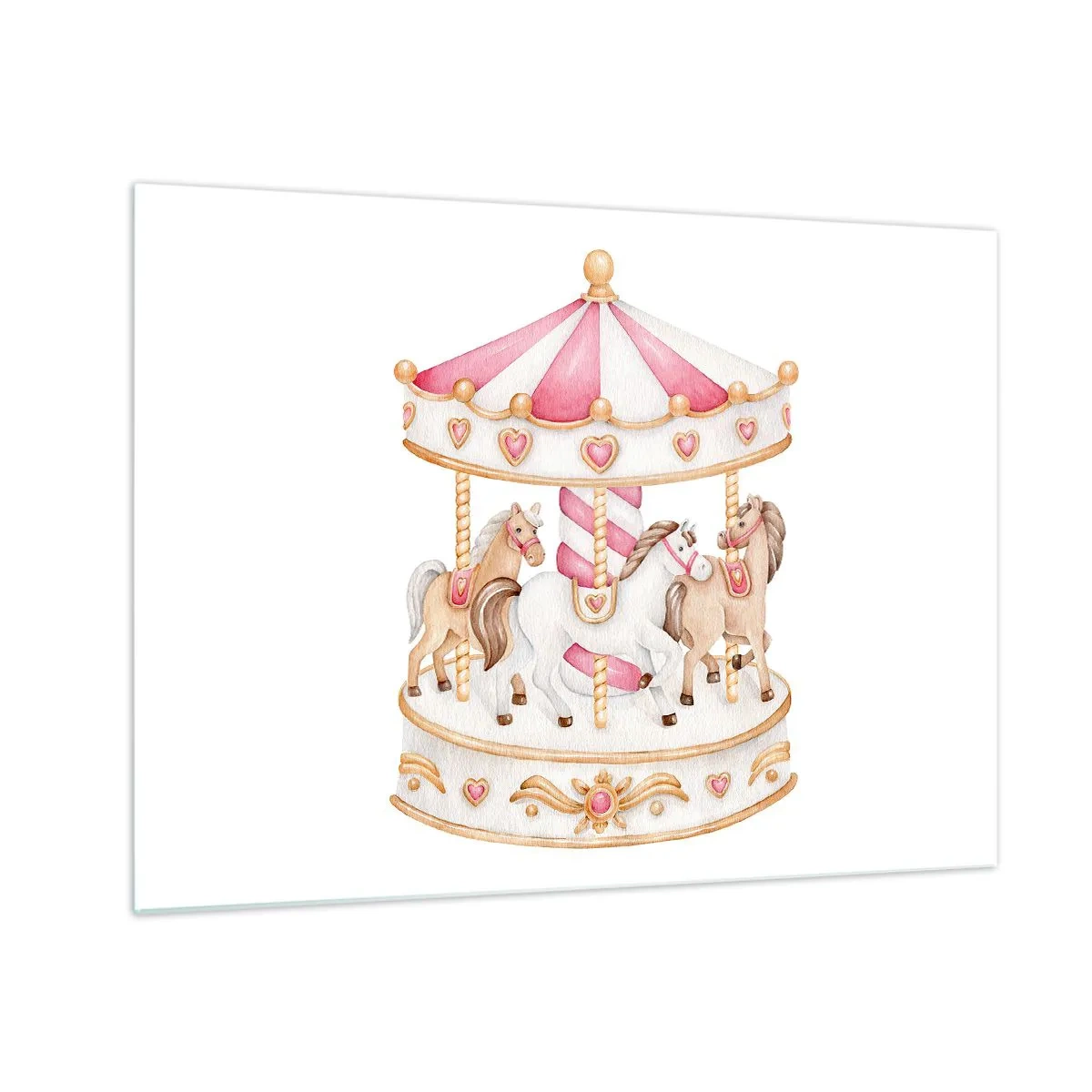 Üveg kép - Rózsaszín körhinta gyerek stílusú lovakkal fehér alapon - 70x50cm - A gyermekkor édes világa - Modern fali dekoráció nappalihoz és hálószobához ARTTOR