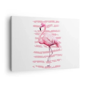 Vászonkép - Flamingo minimalista stílusban, rózsaszín háttérrel - 70x50cm - Méltósággal, bár rózsaszínben - Modern fali dekoráció nappalihoz és hálószobához ARTTOR