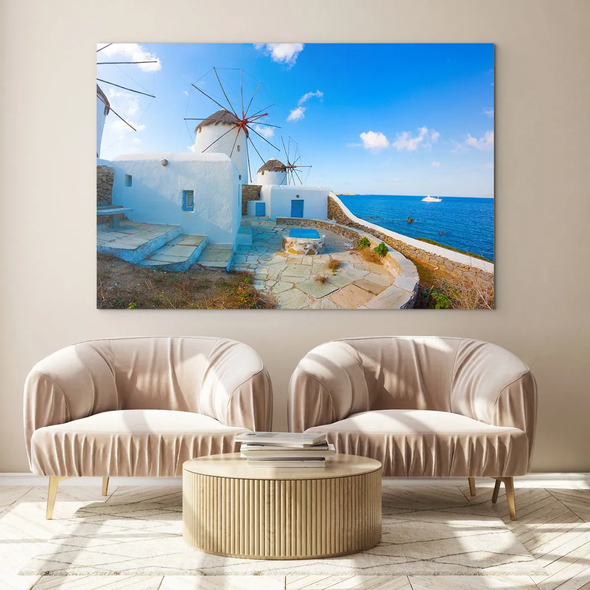 Üveg kép - Szélmalmok az Égei-tenger partján - 70x50cm - Kék szél a tenger felől - Modern fali dekoráció nappalihoz és hálószobához ARTTOR