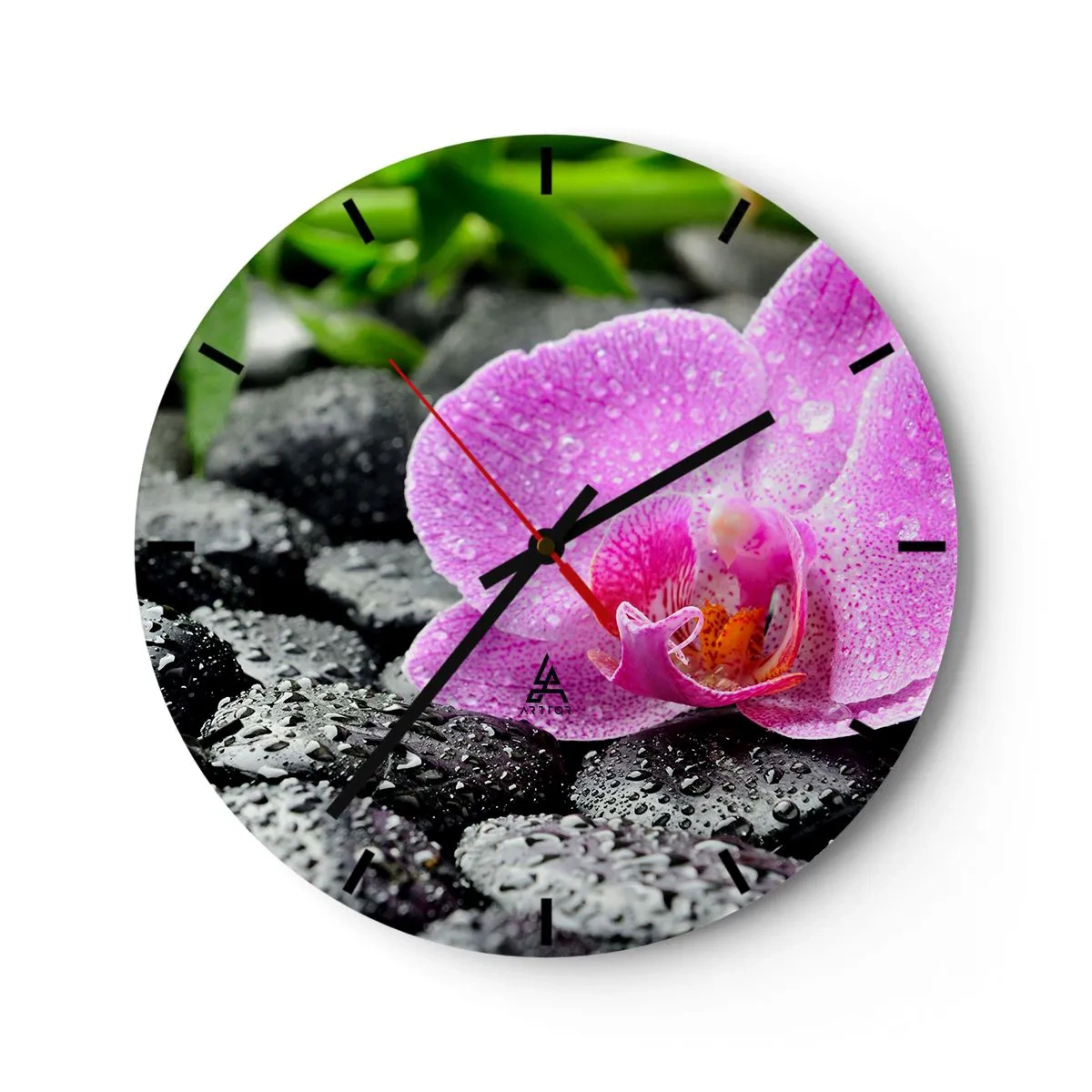 Falióra, Óra - Rózsaszín orchidea nedves köveken - 30x30cm - Mint egy nyitott szív - Modern fali dekoráció nappalihoz, konyhához és hálószobához ARTTOR