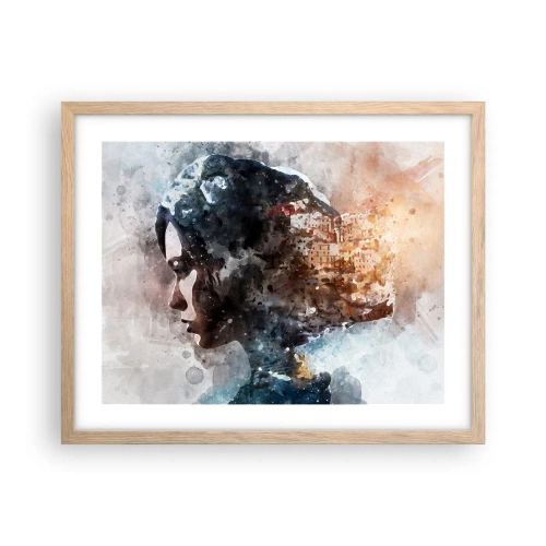 Poszter világos tölgy keretben - Történet egy lányról, várossal a háttérben - 50x40 cm