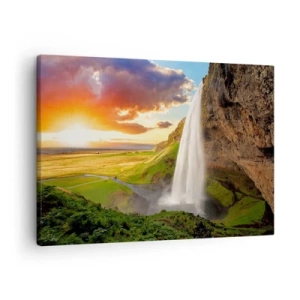Vászonkép - Egy vízesés festői tájban naplementekor - 70x50cm - Az izlandi nyár - Modern fali dekoráció nappalihoz és hálószobához ARTTOR