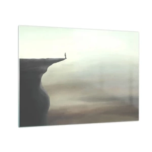 Üveg kép - Egy személy sziluettje, aki egy szikla szélén áll a köd felett - 70x50cm - Természetesen felfelé! - Modern fali dekoráció nappalihoz és hálószobához ARTTOR