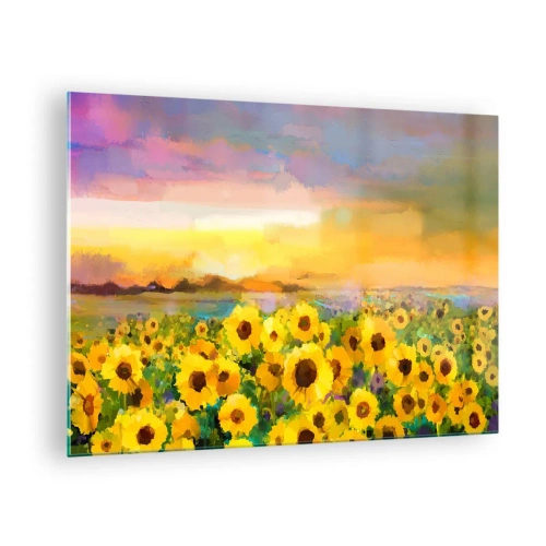 Üveg kép - Napraforgómező a lenyugvó nap fényében - 70x50cm - A nap maga szállt le a földre - Modern fali dekoráció nappalihoz és hálószobához ARTTOR