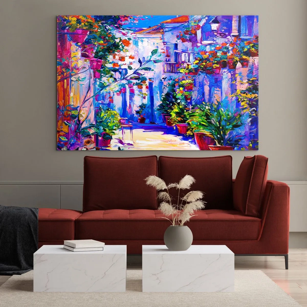 Üveg kép - Egy színes utca virágzó növényekkel és fénnyel - 70x50cm - Impresszió - olasz kis utca - Modern fali dekoráció nappalihoz és hálószobához ARTTOR