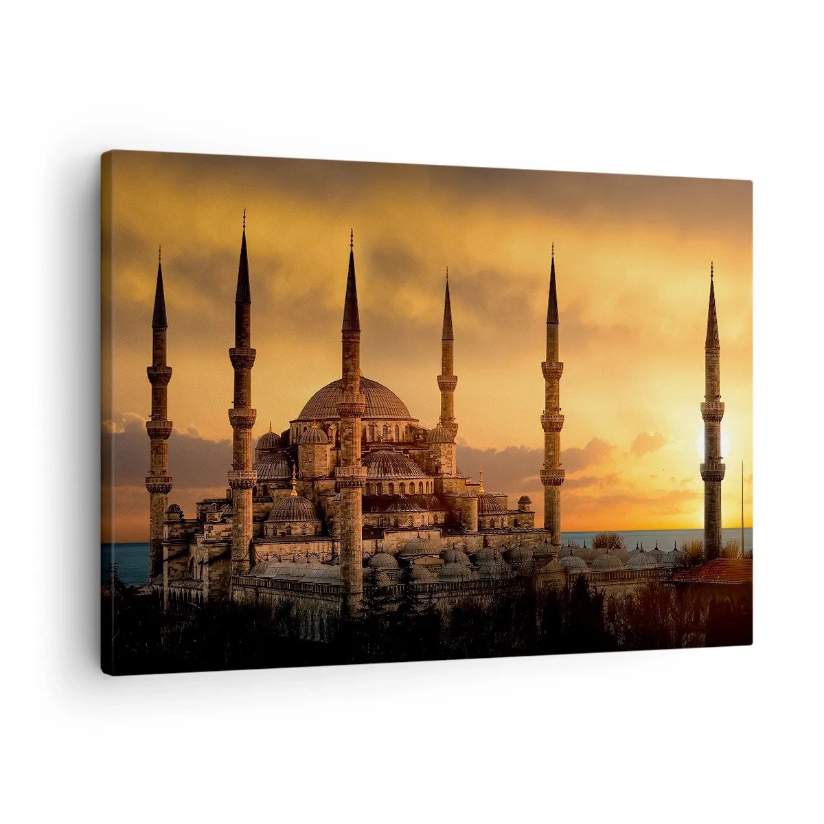 Vászonkép - A mecset naplementekor meleg színekben - 70x50cm - Isten hatalmas - Modern fali dekoráció nappalihoz és hálószobához ARTTOR