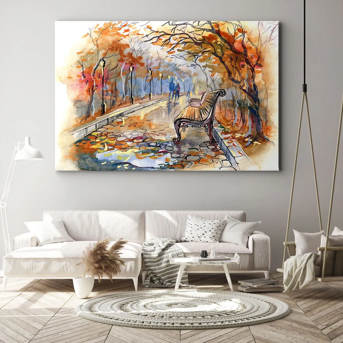 Vászonkép - Őszi park paddal akvarellben - 70x50cm - Kiránduljunk együtt az őszbe - Modern fali dekoráció nappalihoz és hálószobához ARTTOR