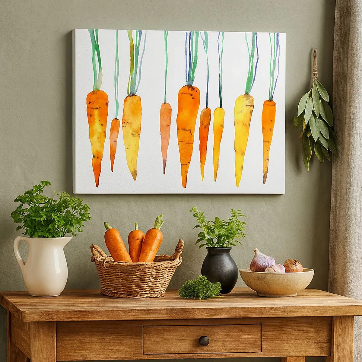 Vászonkép - Akvarell sárgarépa különböző árnyalatokban, fehér alapon - 70x50cm - A hétköznapok szépsége - Modern fali dekoráció nappalihoz és hálószobához ARTTOR