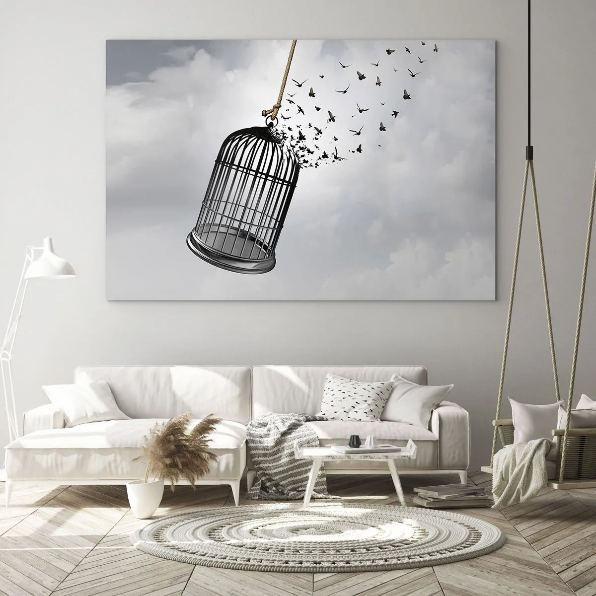 Üveg kép - A kalitka nyílása és a belőle kirepülő madarak az ég felé - 70x50cm - Hit... Remény... Szabadság! - Modern fali dekoráció nappalihoz és hálószobához ARTTOR