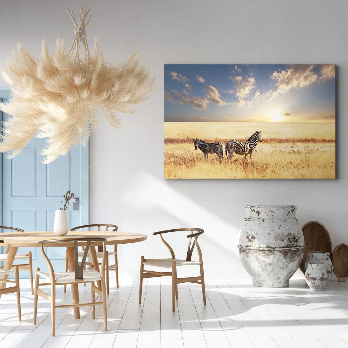 Vászonkép - Két zebra a szavannán a lenyugvó nap sugaraiban - 70x50cm - Menj el, ne zavard a békét - Modern fali dekoráció nappalihoz és hálószobához ARTTOR