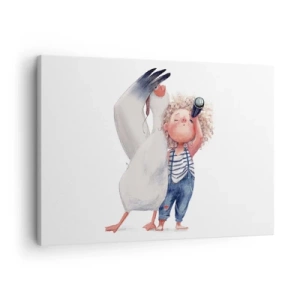 Vászonkép - Illusztráció egy gyermekről pelikánnal és távcsővel a kezében - 70x50cm - Nagy utazási terve - Modern fali dekoráció nappalihoz és hálószobához ARTTOR