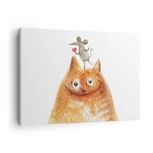 Vászonkép - Egy macska rajza, fején egy egérrel, amely szívet tart a kezében - 70x50cm - A szerelem paradoxonjai - Modern fali dekoráció nappalihoz és hálószobához ARTTOR