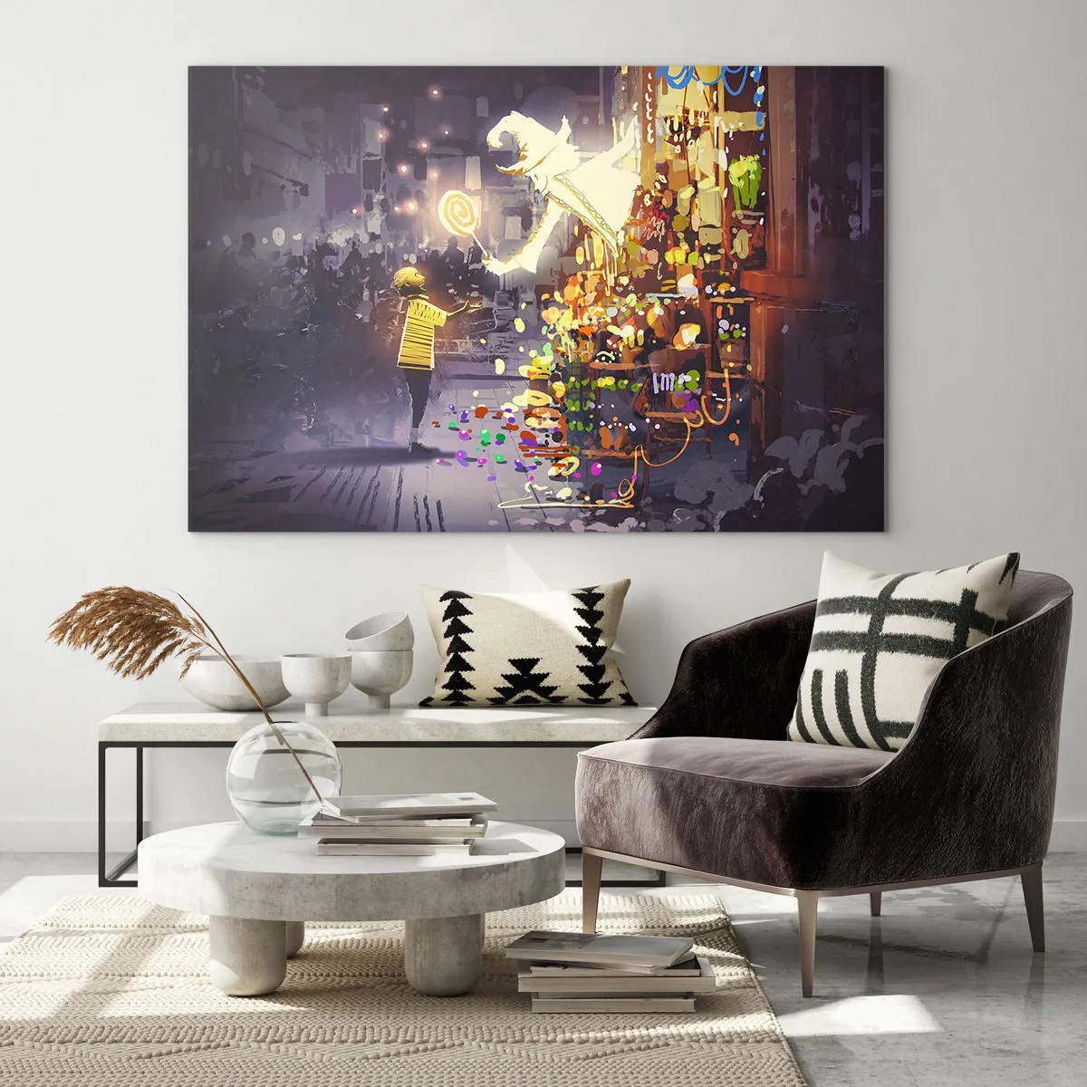 Üveg kép - Egy gyerek világos pólóban egy színes édességekkel teli, fényes standnál - 70x50cm - A mágia létezik - Modern fali dekoráció nappalihoz és hálószobához ARTTOR