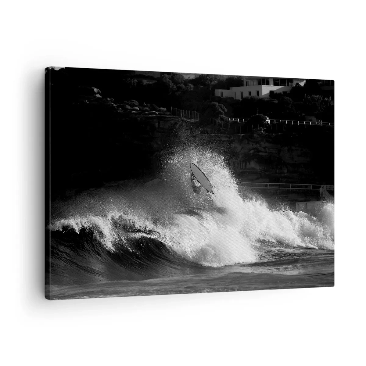 Vászonkép - Egy szörfös lovagol egy hullámon monokróm színben - 70x50cm - Kihívás elfogadva! - Modern fali dekoráció nappalihoz és hálószobához ARTTOR