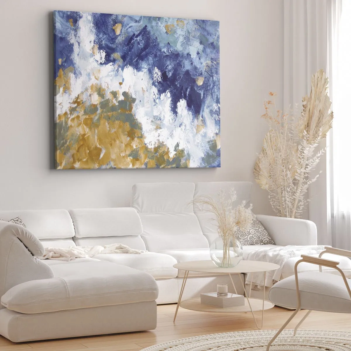 Vászonkép - Absztrakció kék, fehér és arany árnyalatokban - 70x50cm - Az elemek tánca - Modern fali dekoráció nappalihoz és hálószobához ARTTOR