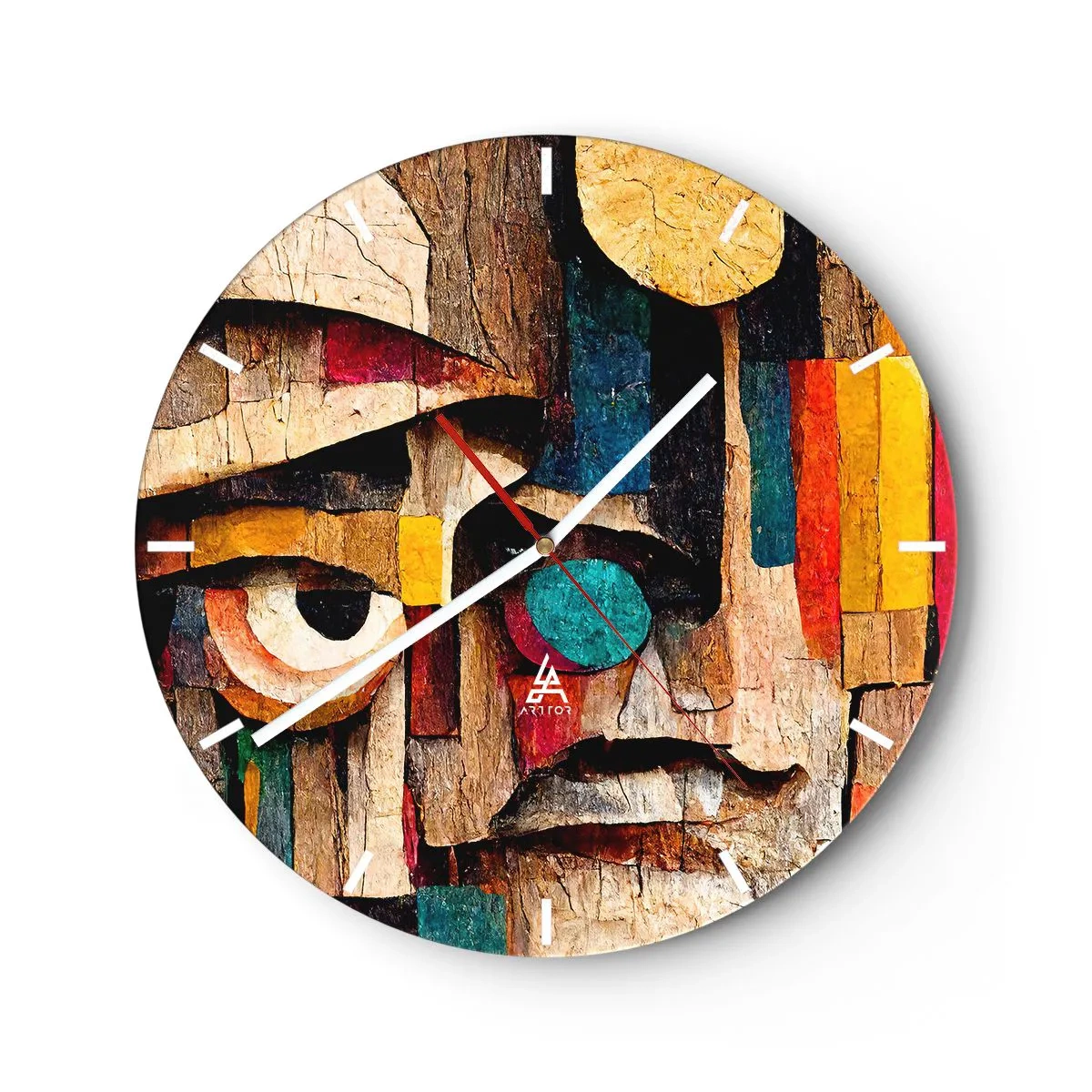 Falióra, Óra - Színes arc geometrikus alakzatokból készült fából készült mozaik stílusában - 30x30cm - Látlak téged... - Modern fali dekoráció nappalihoz, konyhához és hálószobához ARTTOR