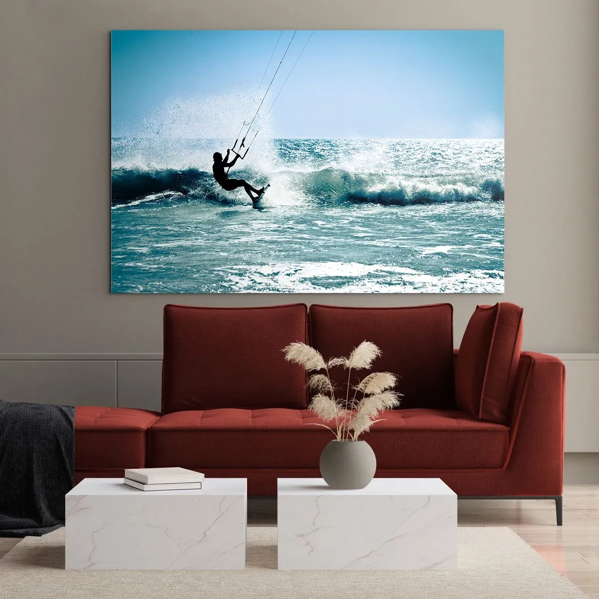 Üveg kép - Kitesurfer az óceán hullámain egy napsütéses napon - 70x50cm - Ragadtasd el magadat - Modern fali dekoráció nappalihoz és hálószobához ARTTOR