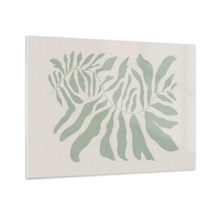 Üveg kép - Egy smaragdzöld ág organikus formákkal világos háttér előtt - 70x50cm - Smaragdzöld ág - Modern fali dekoráció nappalihoz és hálószobához ARTTOR