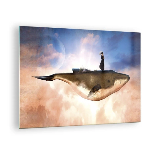 Üveg kép - Egy fantázia bálna lebeg a felhőkben, egy nővel a hátán. - 70x50cm - Legeslegreálisabb utazás - Modern fali dekoráció nappalihoz és hálószobához ARTTOR