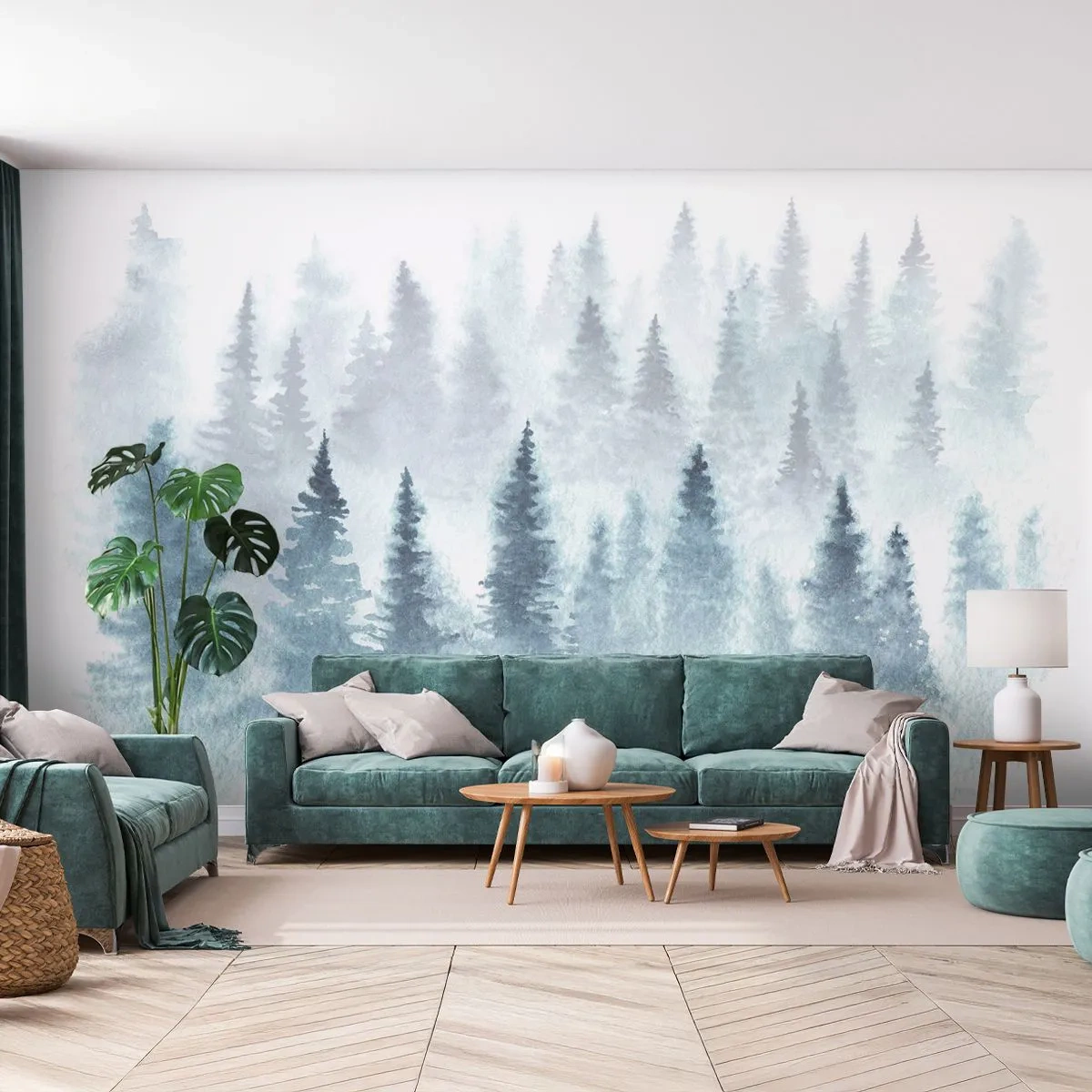 Fotótapéta Premium Sand - Ködbe burkolózva - Tájkép, Erdő, Lucfenyő - 100x70 cm