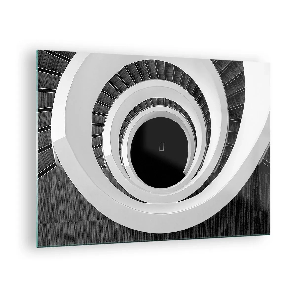 Üveg kép - Fekete-fehér csigalépcső felülről - 70x50cm - Lényegre törő - Modern fali dekoráció nappalihoz és hálószobához ARTTOR