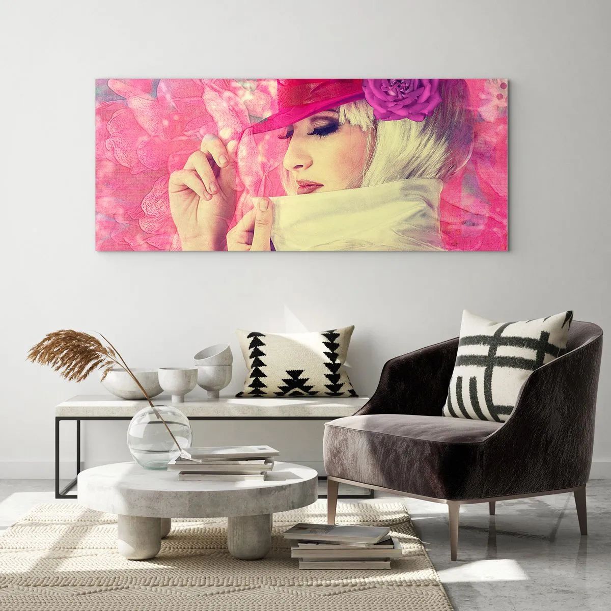 Üveg kép - Retro portré rózsaszín ködben - 100x40 cm