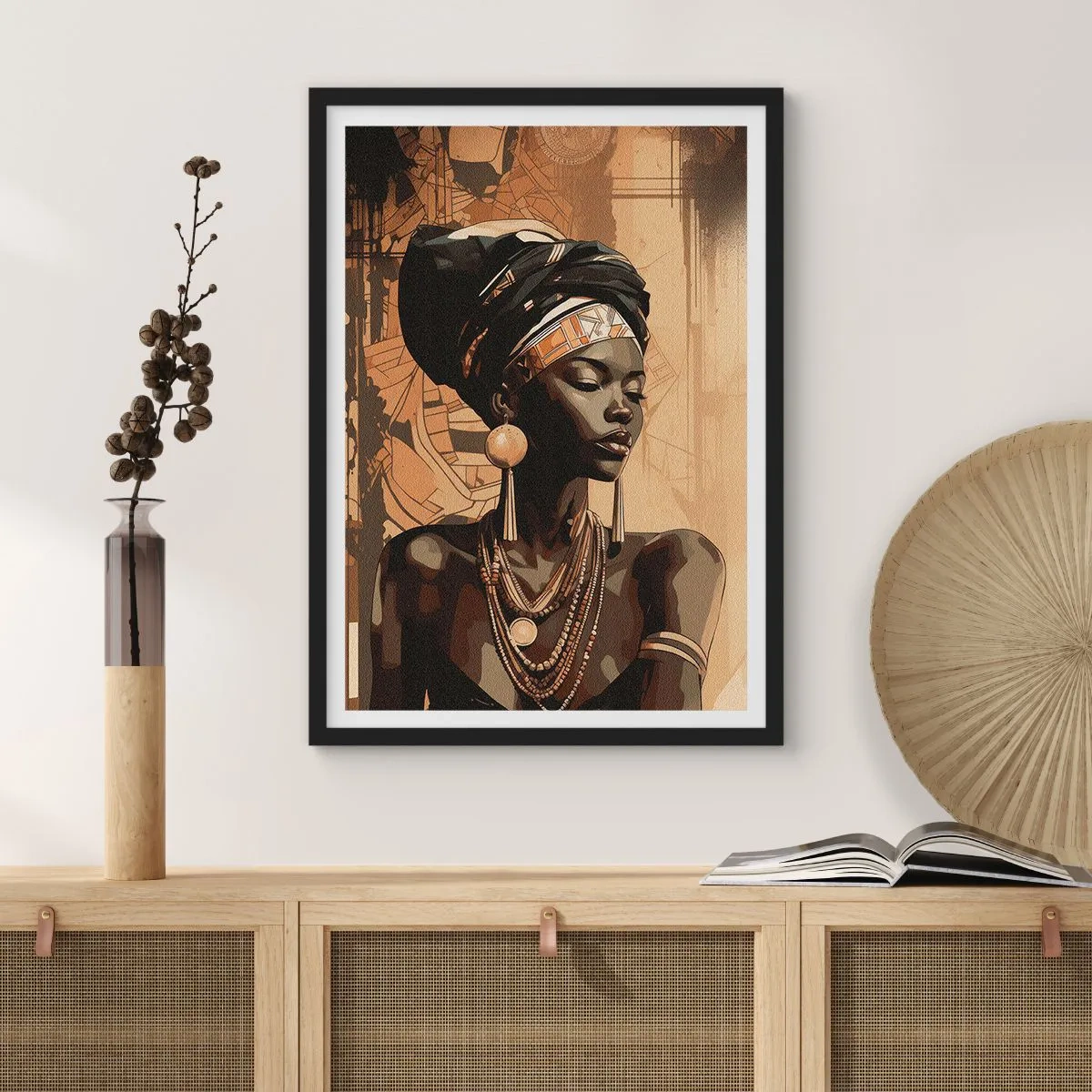 Poszter fehér keretben - Portré egy afrikai nőről, aki hagyományos díszeket visel - 50x70cm - Afrikai fenség - Modern fali dekoráció nappalihoz és hálószobához ARTTOR