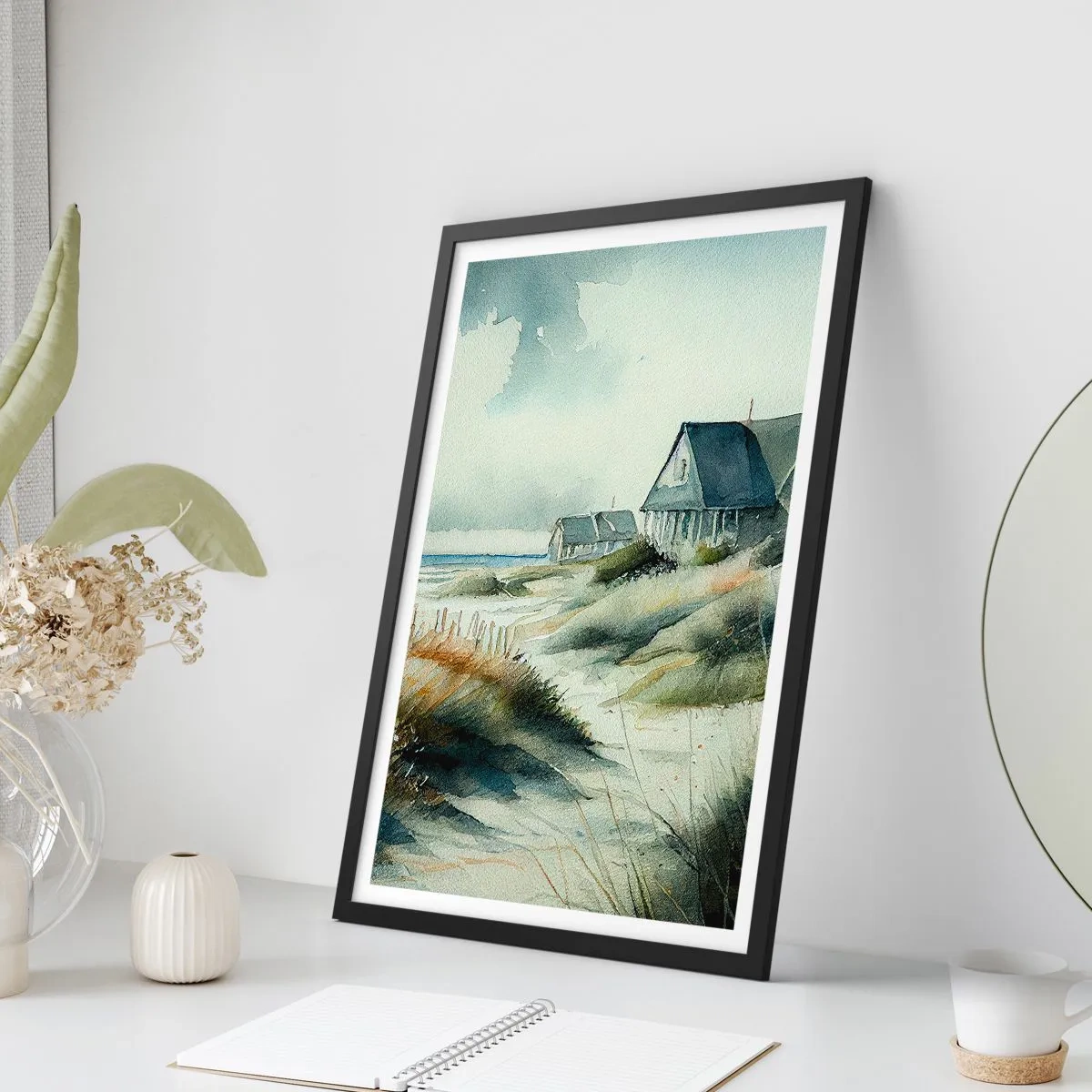 Poszter fehér keretben - Akvarell tengerparti ház tengerre néző kilátással - 50x70cm - Távol a nyüzsgéstől - Modern fali dekoráció nappalihoz és hálószobához ARTTOR