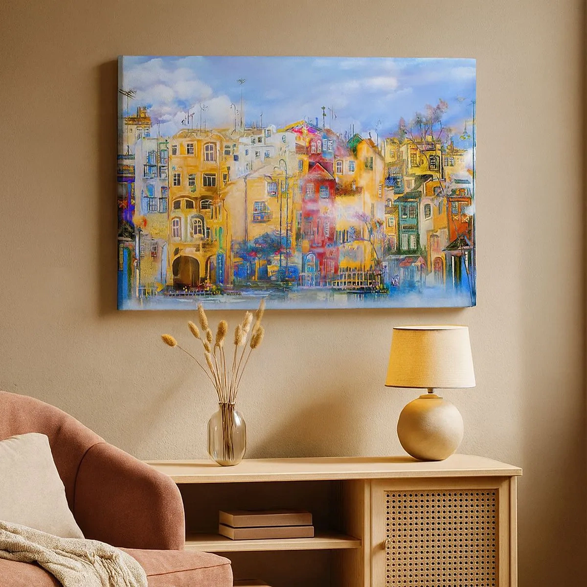 Vászonkép - Színes városi épületek művészi stílusban - 70x50cm - Együtt vagyunk - Modern fali dekoráció nappalihoz és hálószobához ARTTOR