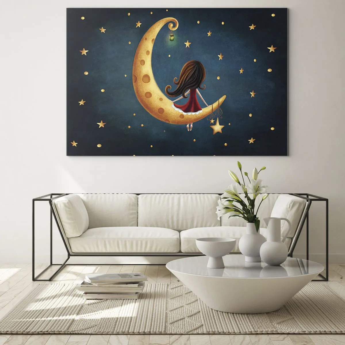 Üveg kép - Egy lány a Holdon a csillagok között, sötétkék háttér előtt - 70x50cm - Egyszer volt… - Modern fali dekoráció nappalihoz és hálószobához ARTTOR