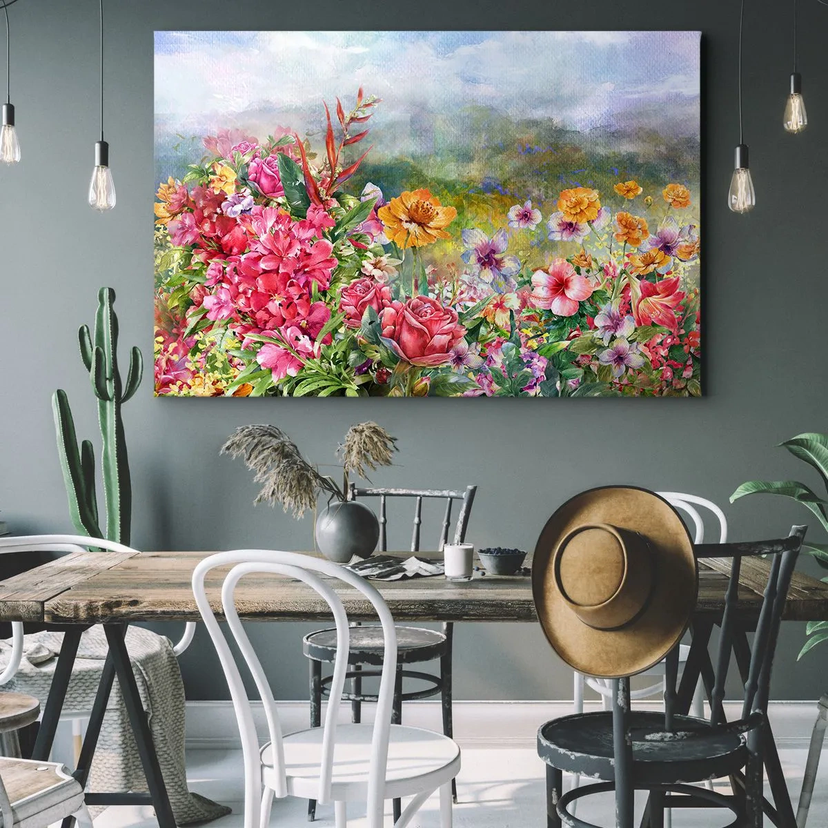 Vászonkép - Színes virágkompozíció pasztellszínű tájkép hátterében - 70x50cm - A kert, amelyik megőrült - Modern fali dekoráció nappalihoz és hálószobához ARTTOR