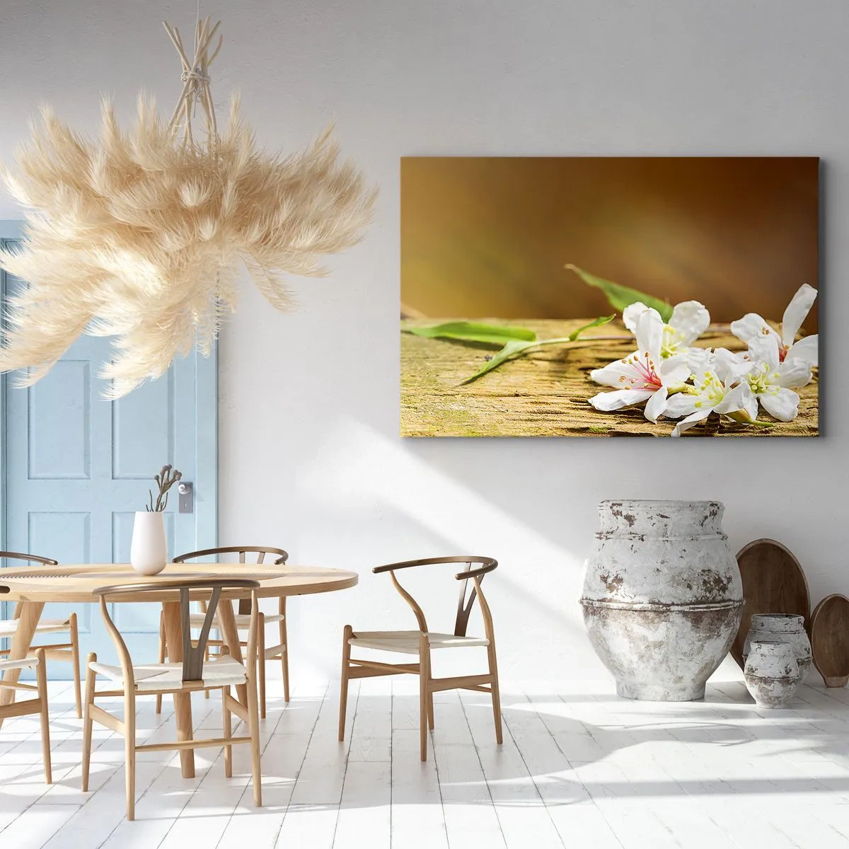 Vászonkép - Fehér virágok fa háttéren természetes fényben - 70x50cm - Ártatlan ígéret - Modern fali dekoráció nappalihoz és hálószobához ARTTOR