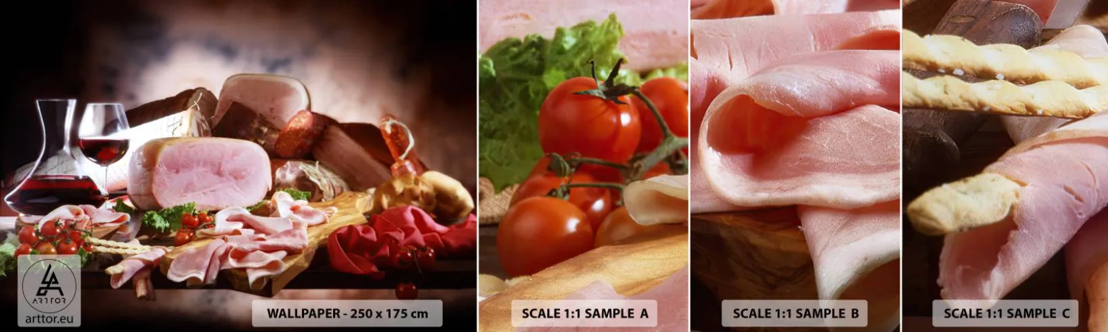 Fotótapéta Minta Standard Eco - Kulináris álom kancsóval - Gasztronómia, Húsok, Paradicsom - 100x30 cm