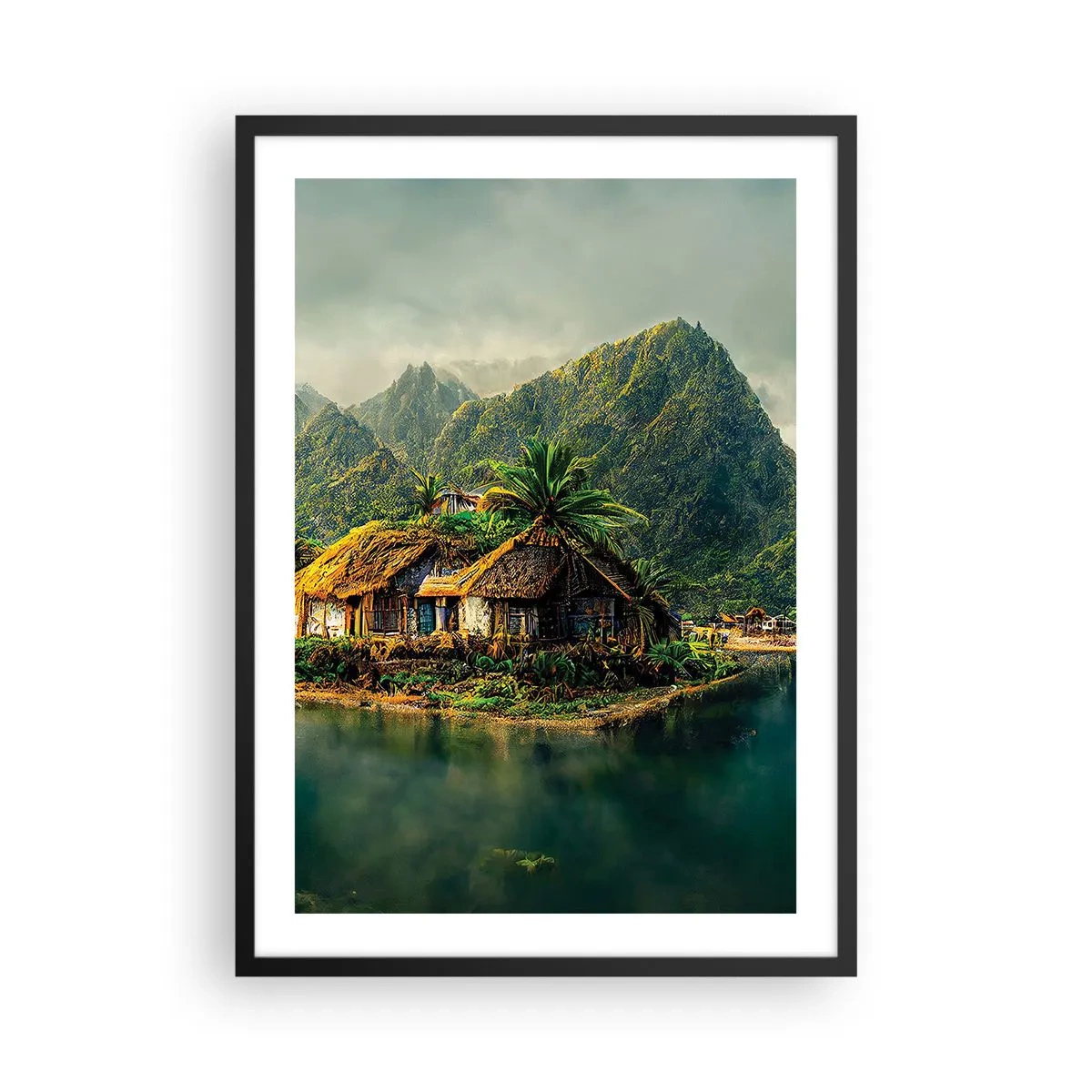 Poszter fehér keretben - Trópusi házikó hegyekkel és egy tóval a háttérben - 50x70cm - Trópusi paradicsom - Modern fali dekoráció nappalihoz és hálószobához ARTTOR