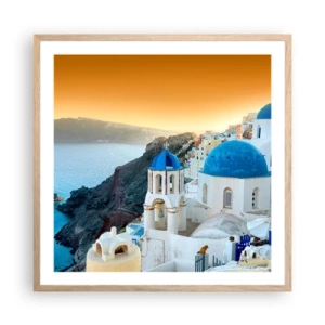 Poszter világos tölgy keretben - Santorini – rásimulva a sziklákra - 60x60 cm