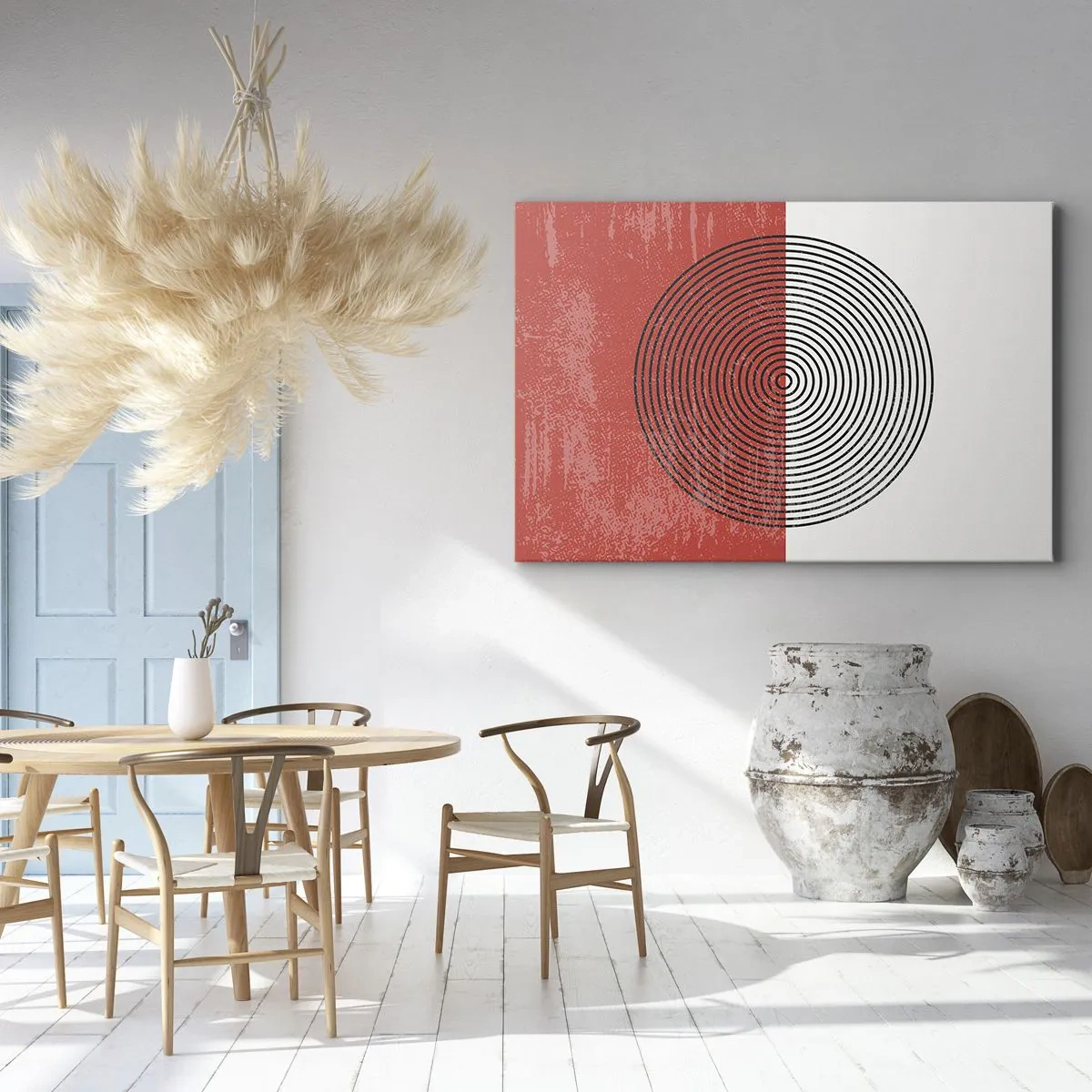 Vászonkép - Geometrikus minta koncentrikus körökkel piros és fehér alapon - 70x50cm - Pont a célba - Modern fali dekoráció nappalihoz és hálószobához ARTTOR