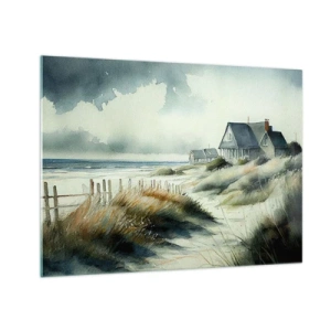 Üveg kép - Tengerparti dűneházak felhős ég alatt - 70x50cm - Távol a nyüzsgéstől  - Modern fali dekoráció nappalihoz és hálószobához ARTTOR