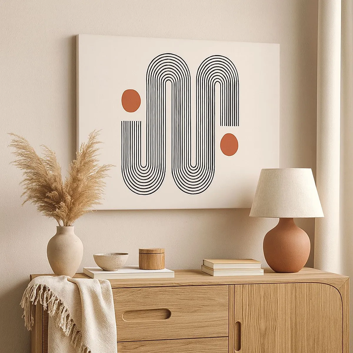 Vászonkép - Geometrikus minta vonalakkal és narancssárga körökkel - 70x50cm - Elejétől végéig - Modern fali dekoráció nappalihoz és hálószobához ARTTOR