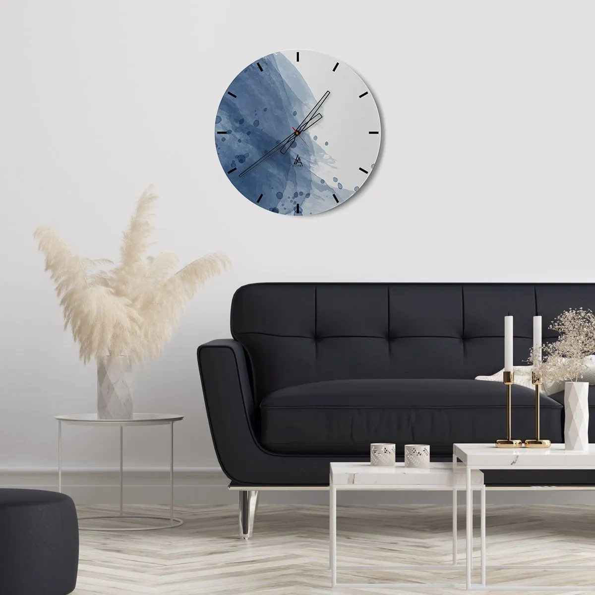Falióra, Óra - Absztrakt kompozíció kék foltokkal fehér alapon - 30x30cm - Kék tüll - Modern fali dekoráció nappalihoz, konyhához és hálószobához ARTTOR