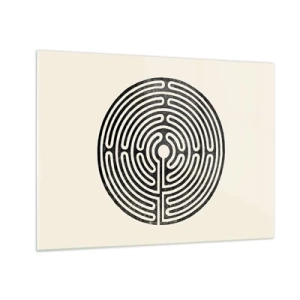 Üveg kép - Egy fekete-fehér labirintus kör alakban, világos háttér előtt. - 70x50cm - Titokzatos rend - Modern fali dekoráció nappalihoz és hálószobához ARTTOR